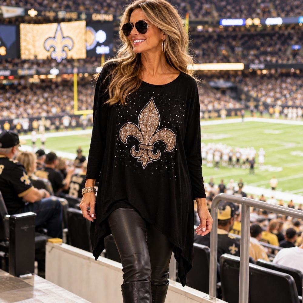 SHINY NEW YORK Black Rhinestone Fleur de Lis Tunic‎ Top One Size Saints
